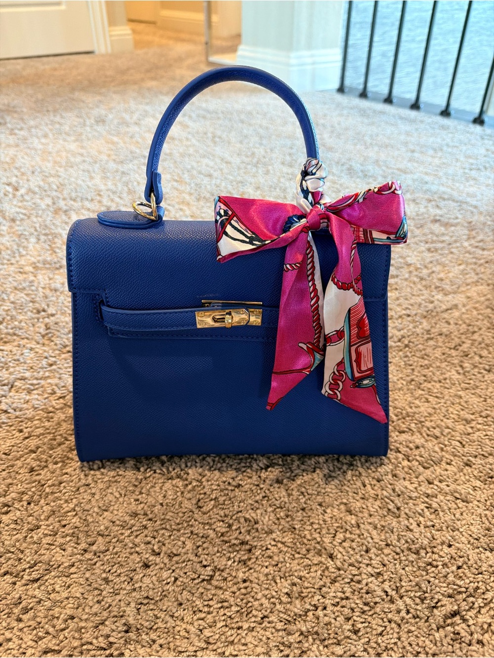 Fashion Hermes Style Bag Royal Blue with Pink Scarf Accent